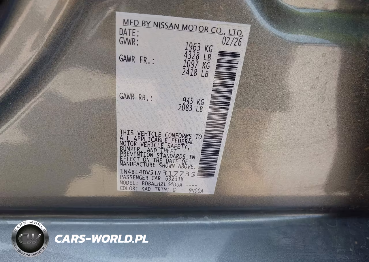 2026 Nissan Altima Sv Fwd VIN:1N4BL4DV5TN317735 - 9
