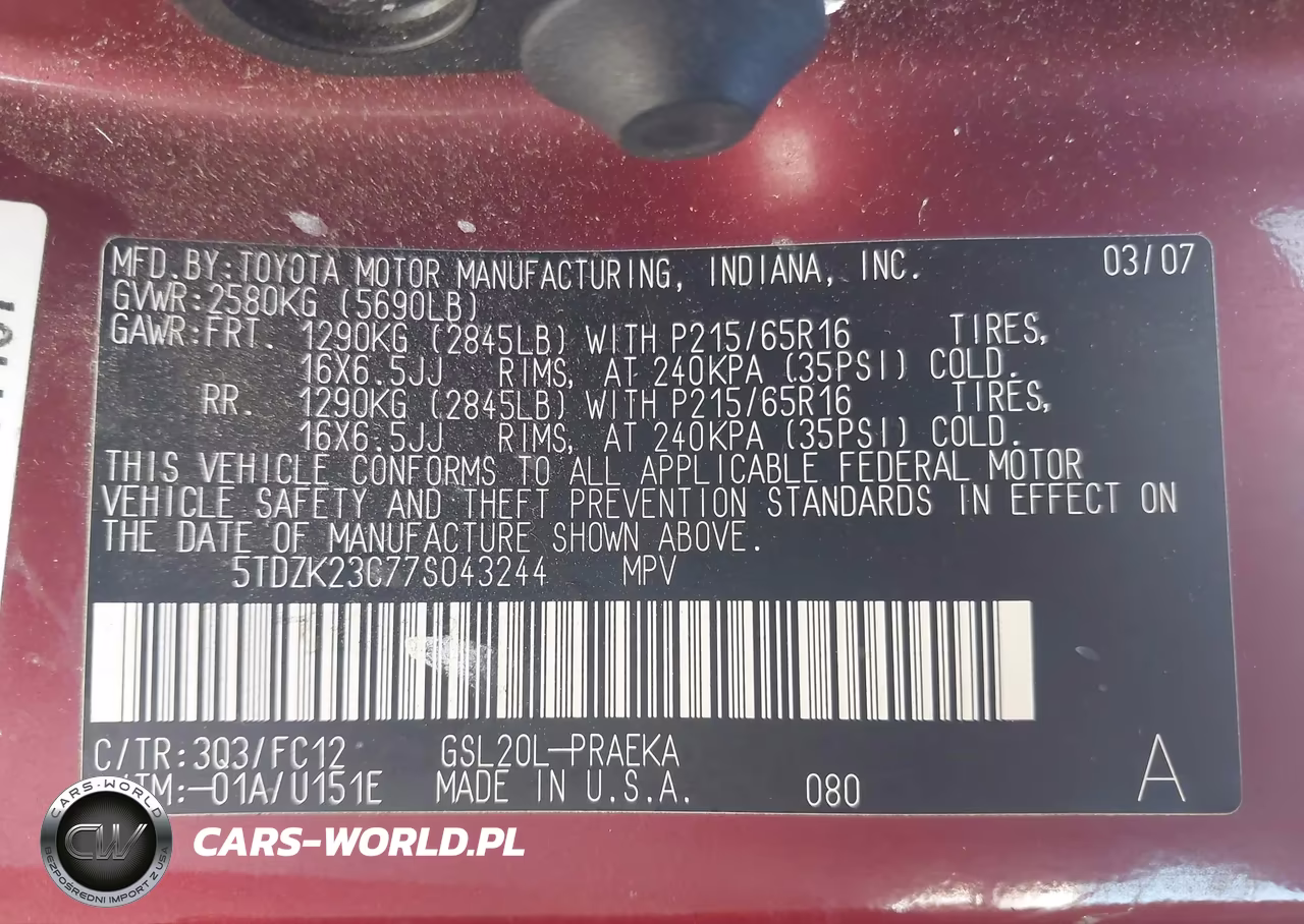 2007 Toyota Sienna Le VIN:5TDZK23C77S043244 - 9