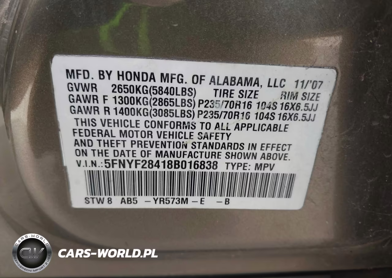 2008 Honda Pilot Ex VIN:5FNYF28418B016838 - 9