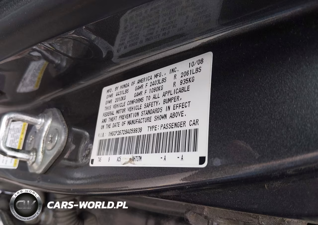 2009 Honda Accord 2.4 Ex VIN:1HGCP26729A059939 - 9