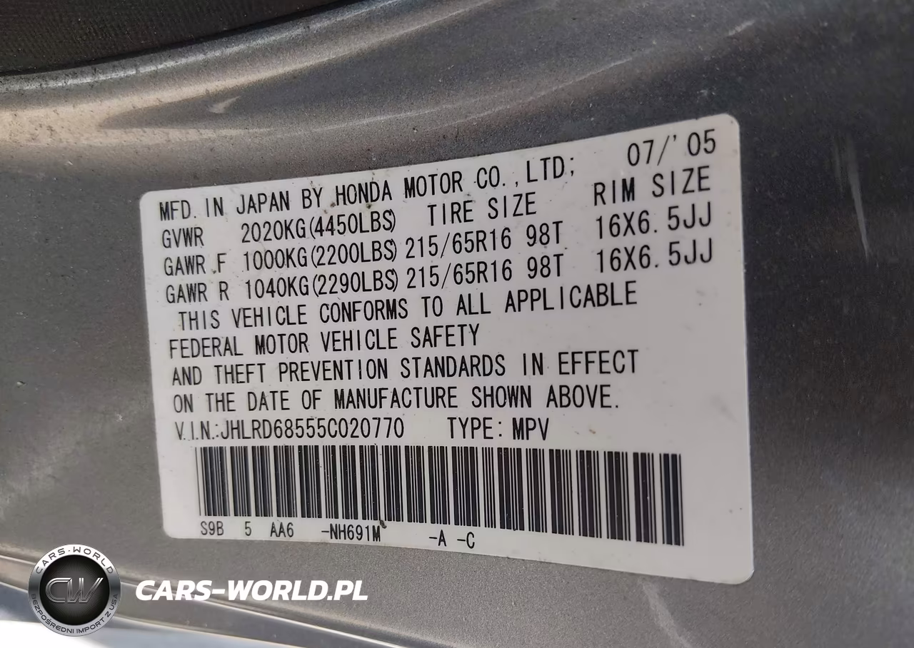 2005 Honda Cr-V Lx VIN:JHLRD68555C020770 - 9