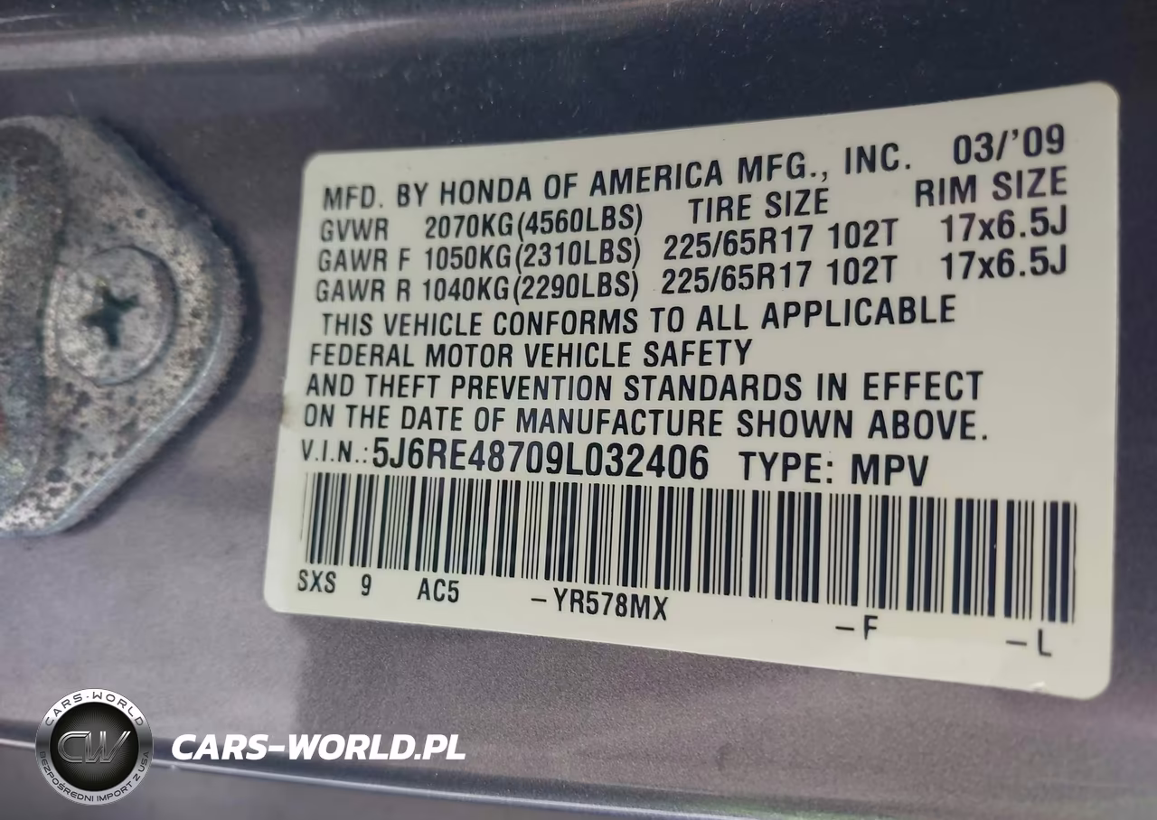 2009 Honda Cr-V Ex-L VIN:5J6RE48709L032406 - 9