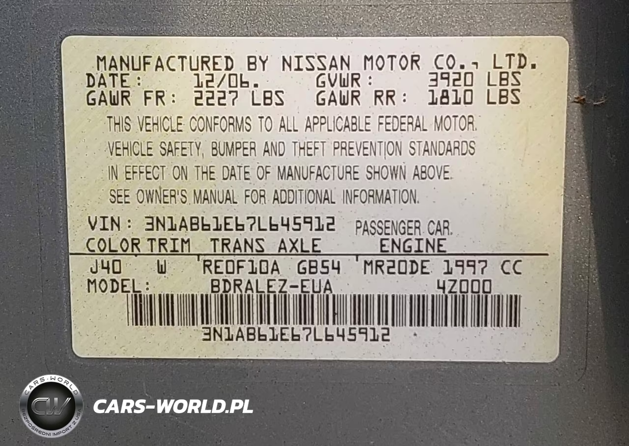 2007 Nissan Sentra 2.0S VIN:3N1AB61E67L645912 - 9