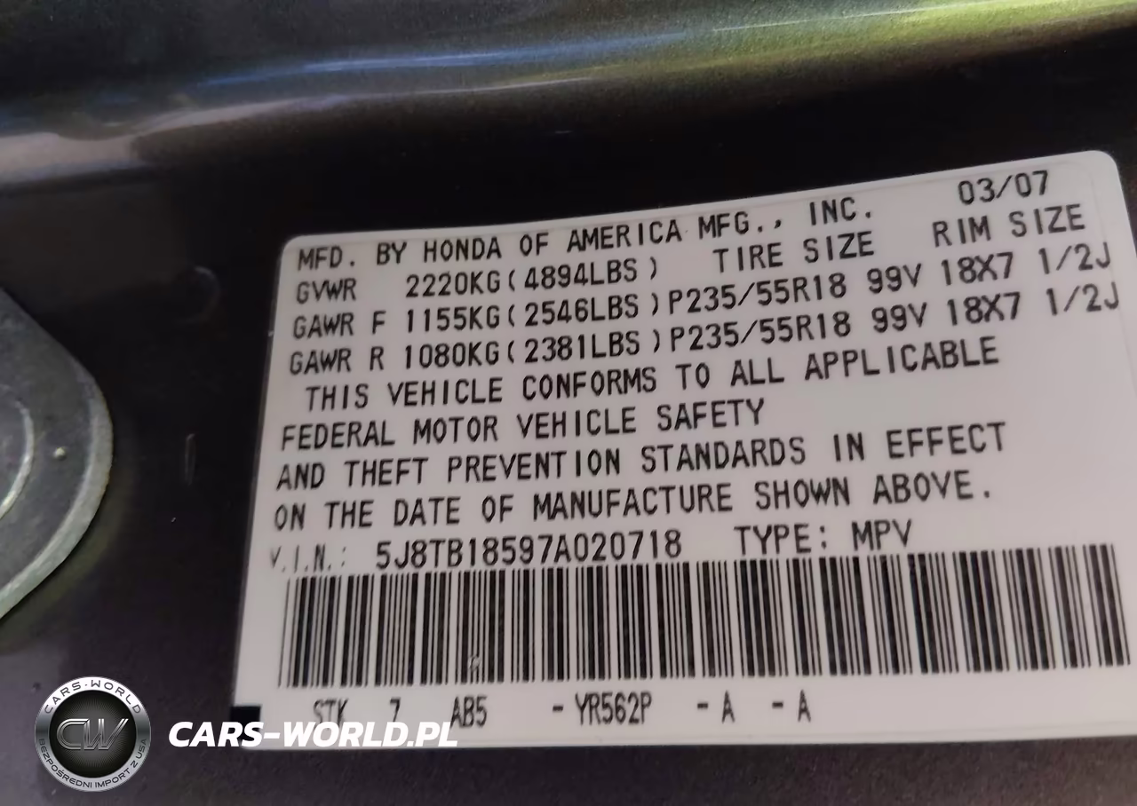 2007 Acura Rdx VIN:5J8TB18597A020718 - 9
