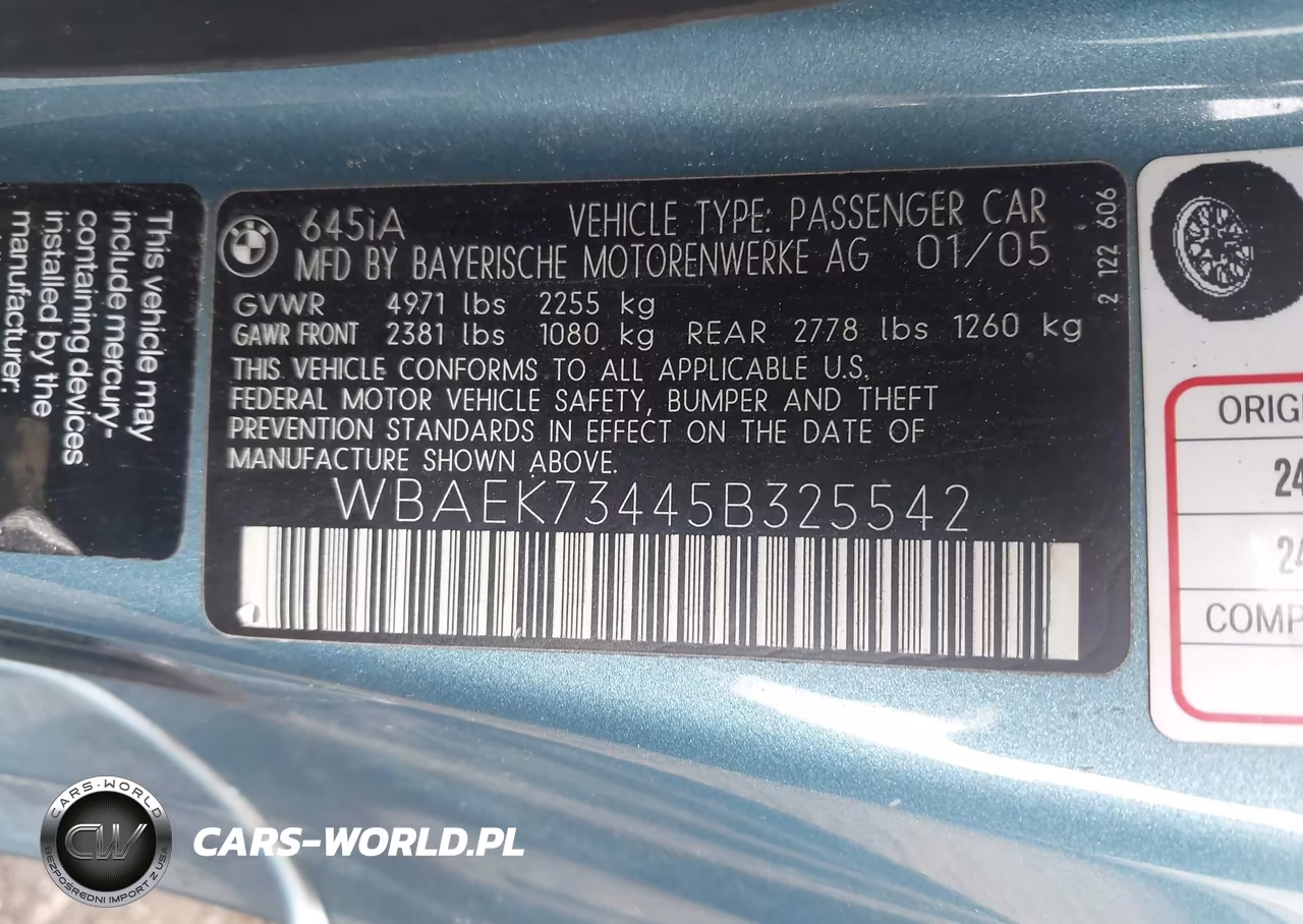 2005 BMW 645Ci VIN:WBAEK73445B325542 - 9