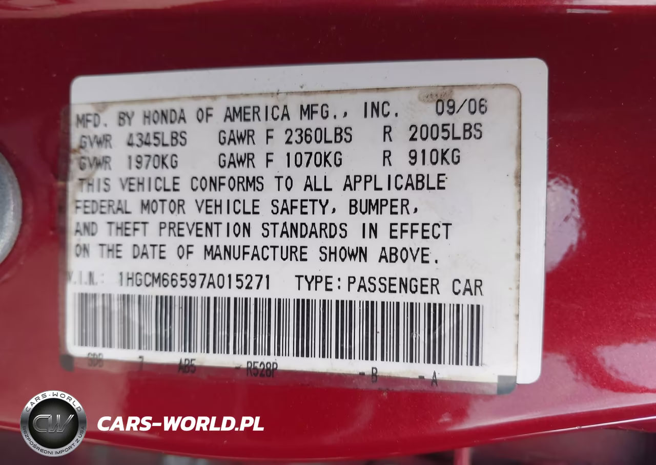 2007 Honda Accord 3.0 Ex VIN:1HGCM66597A015271 - 9