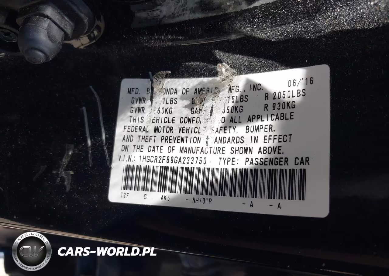 2016 Honda Accord Ex-L VIN:1HGCR2F89GA233750 - 9
