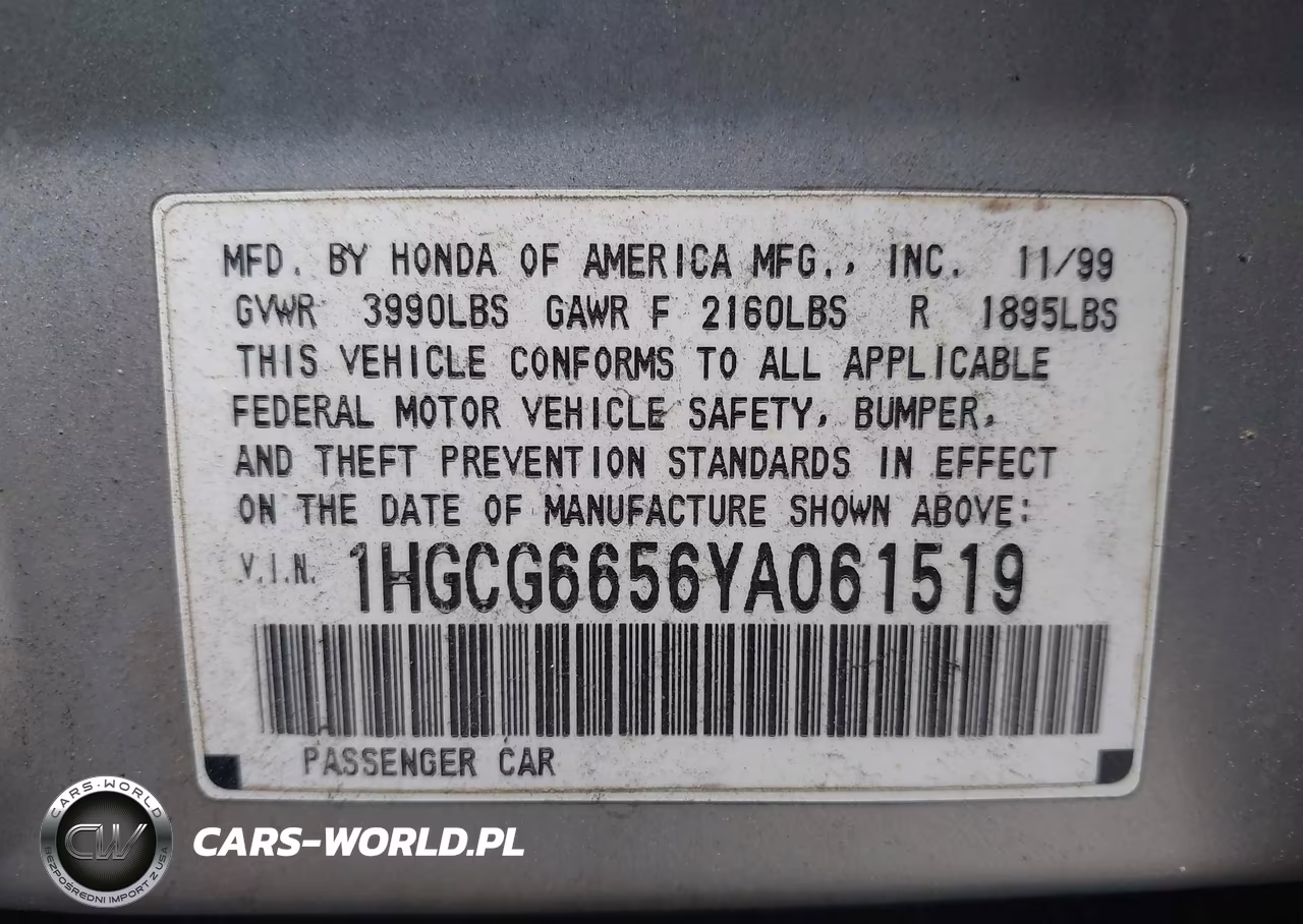 2000 Honda Accord 2.3 Lx VIN:1HGCG6656YA061519 - 9