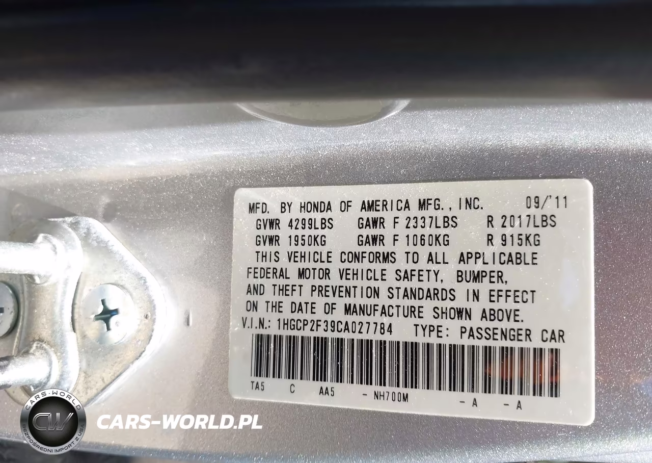 2012 Honda Accord 2.4 Lx VIN:1HGCP2F39CA027784 - 9