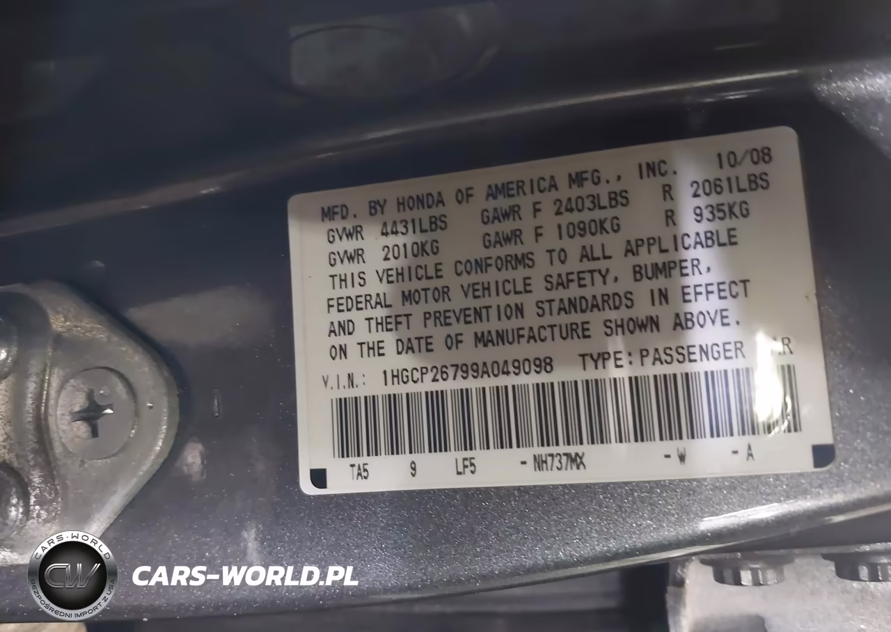2009 Honda Accord 2.4 Ex VIN:1HGCP26799A049098 - 9