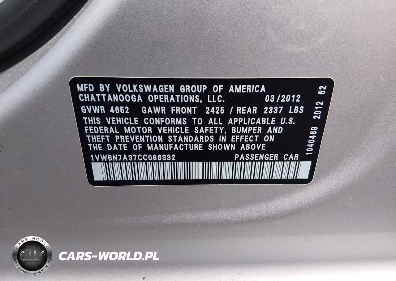2012 Volkswagen Passat 2.0L Tdi Se VIN:1VWBN7A37CC066332 - 9