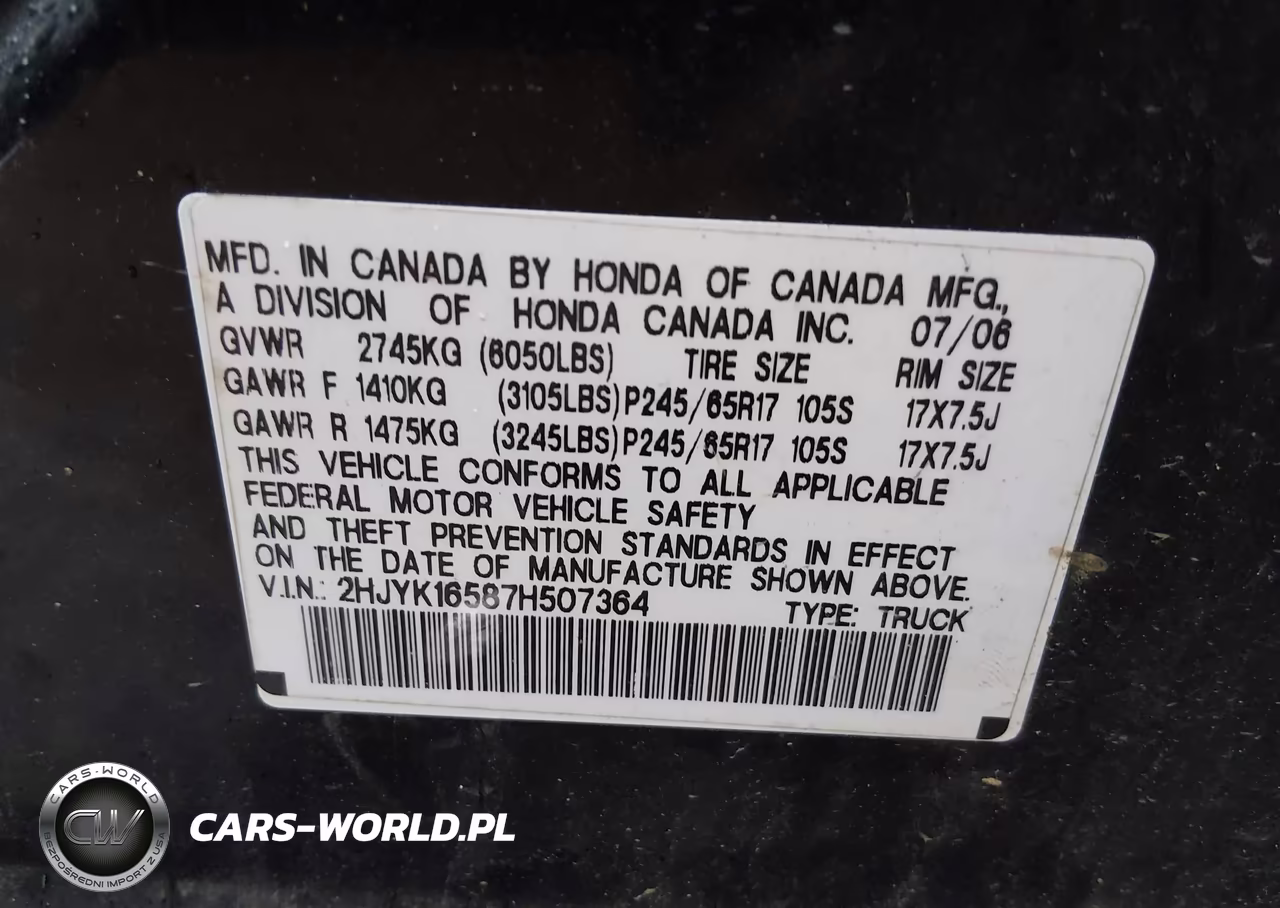 HONDA RIDGELINE VIN:2HJYK16587H507364 - 9