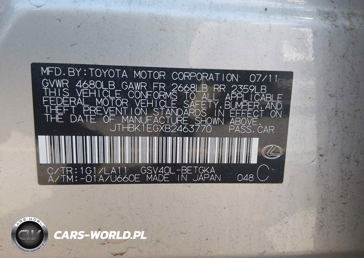 2011 Lexus Es 350 VIN:JTHBK1EGXB2463770 - 9