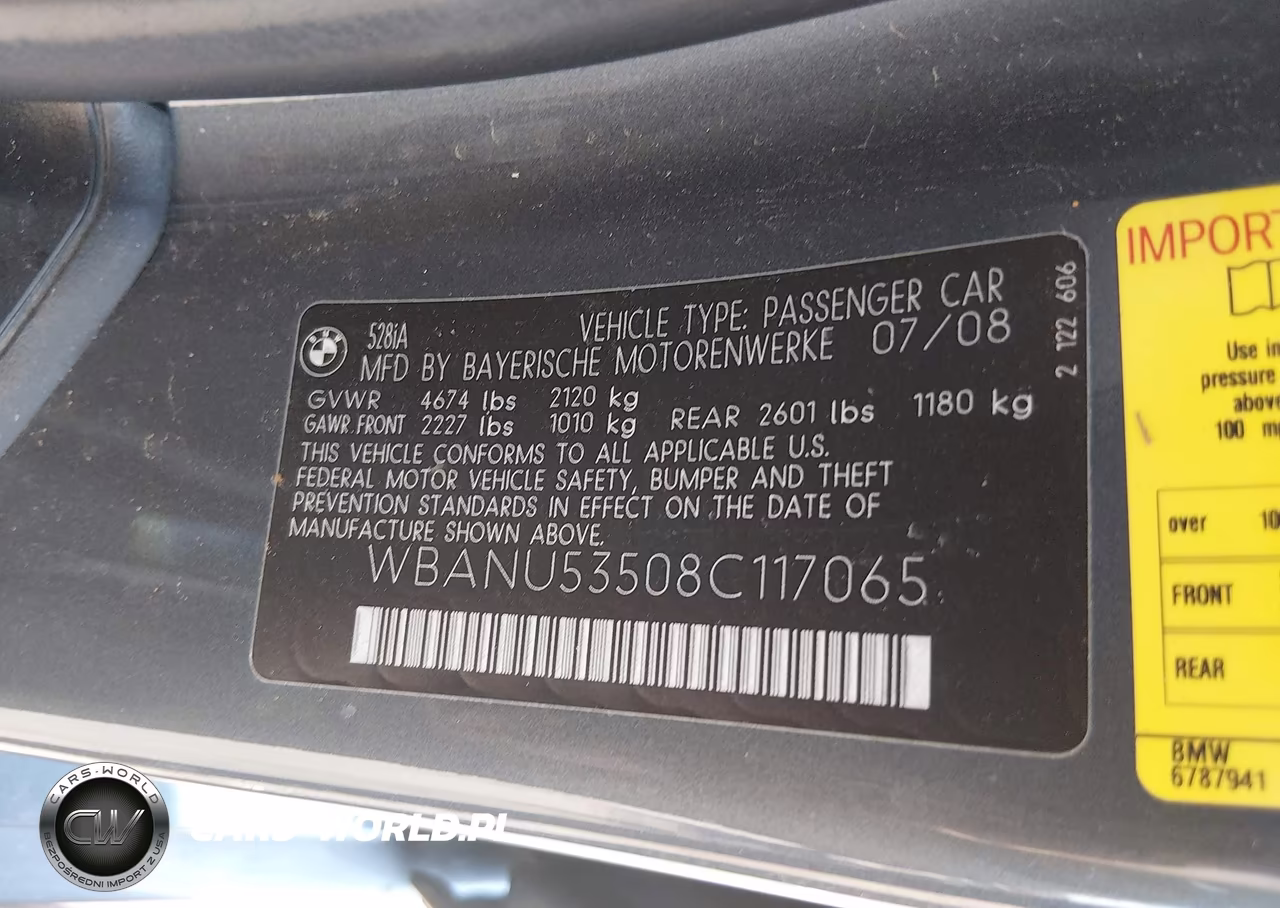 2008 BMW 528I VIN:WBANU53508C117065 - 9