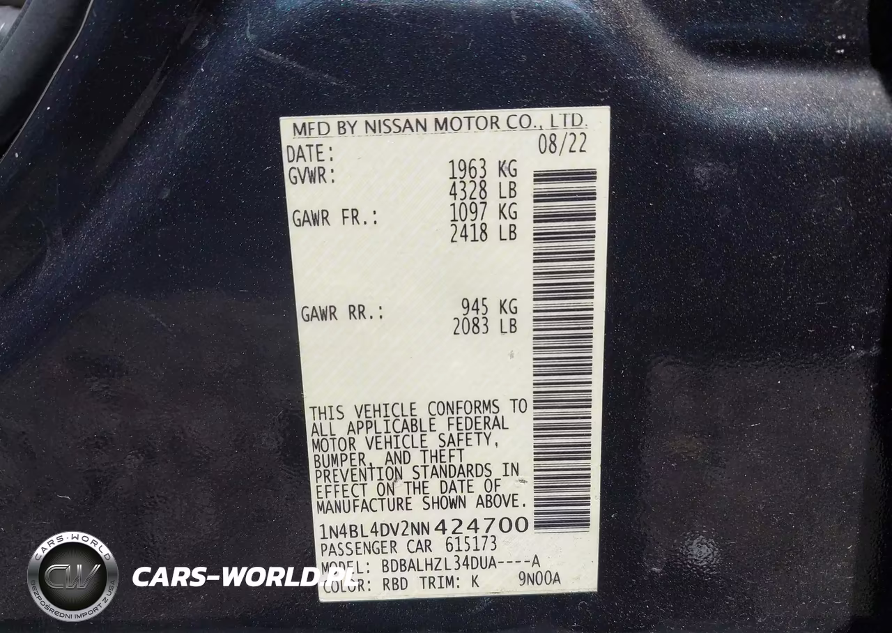 2022 Nissan Altima Sv Fwd VIN:1N4BL4DV2NN424700 - 9