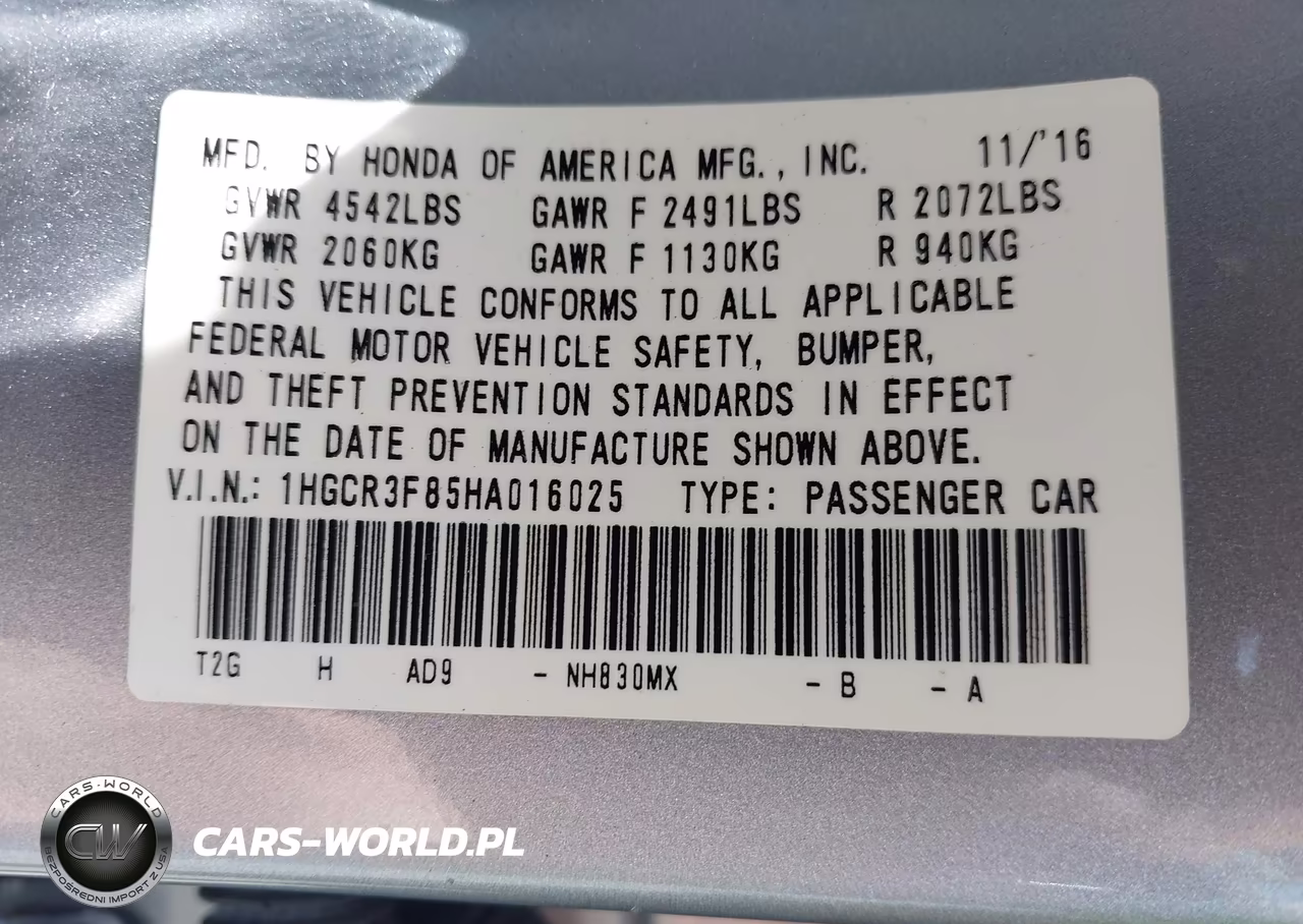 2017 Honda Accord Ex-L V6 VIN:1HGCR3F85HA016025 - 9