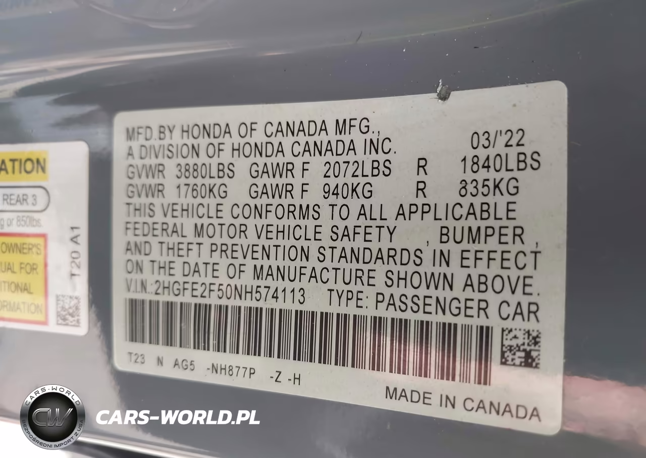 2022 Honda Civic Sport VIN:2HGFE2F50NH574113 - 9
