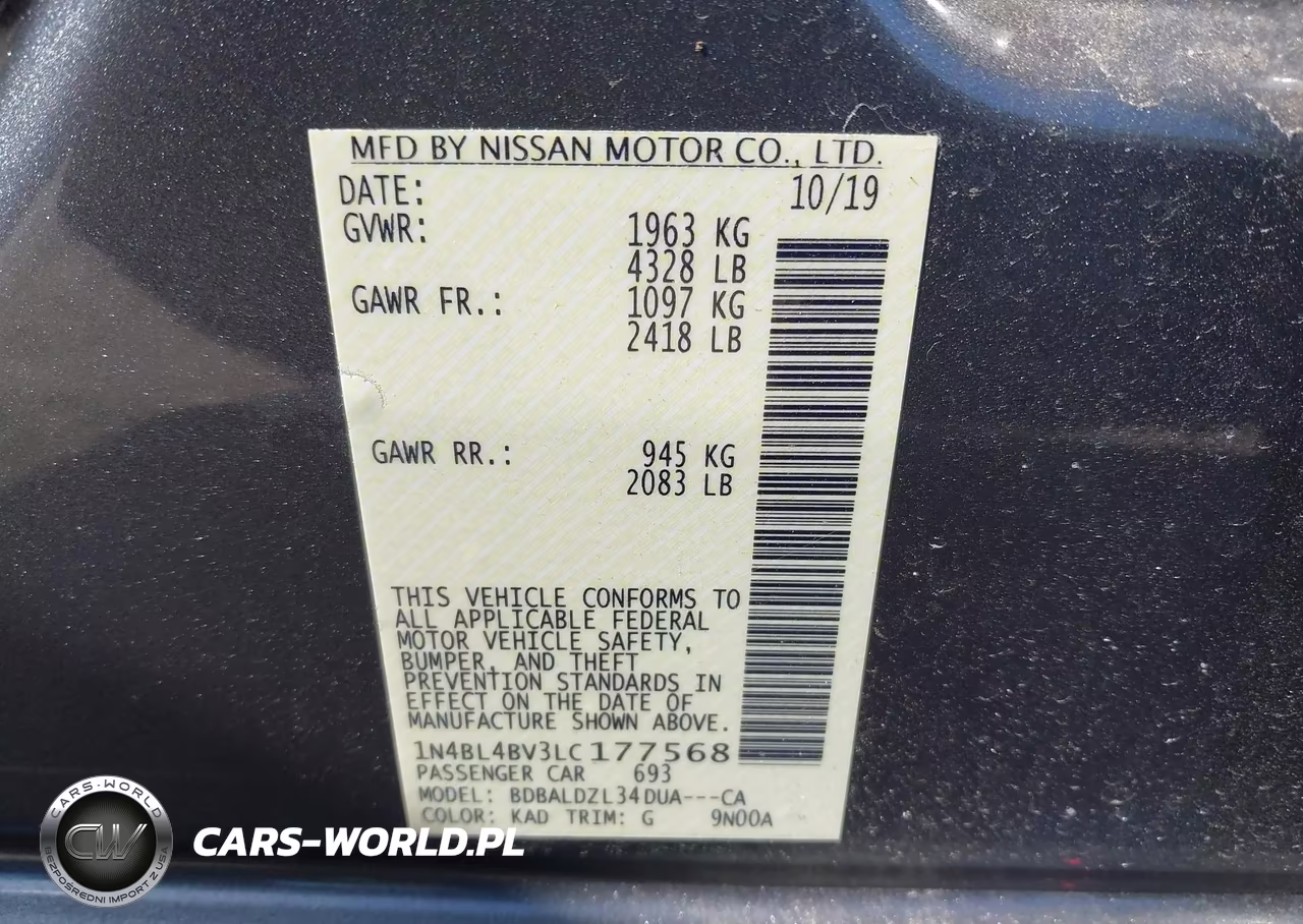 2020 Nissan Altima S Fwd VIN:1N4BL4BV3LC177568 - 9