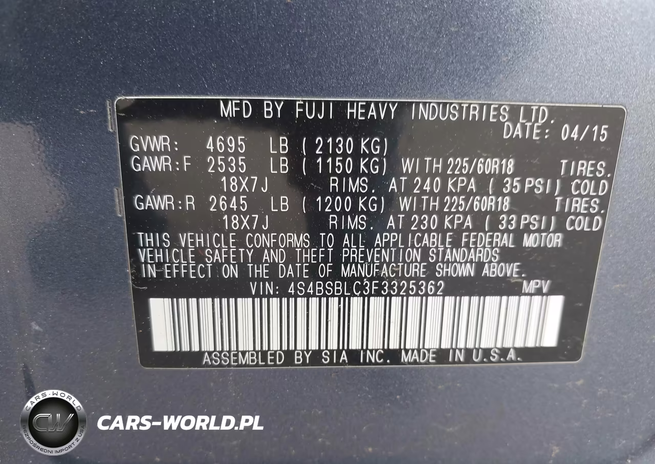 2015 Subaru Outback 2.5I Limited VIN:4S4BSBLC3F3325362 - 9