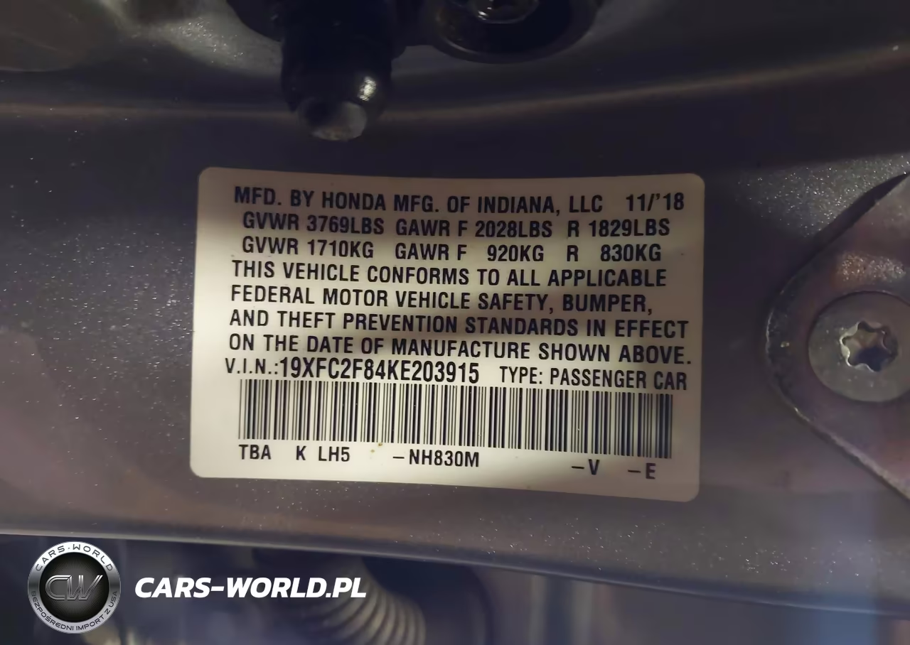 2019 Honda Civic Sport VIN:19XFC2F84KE203915 - 9