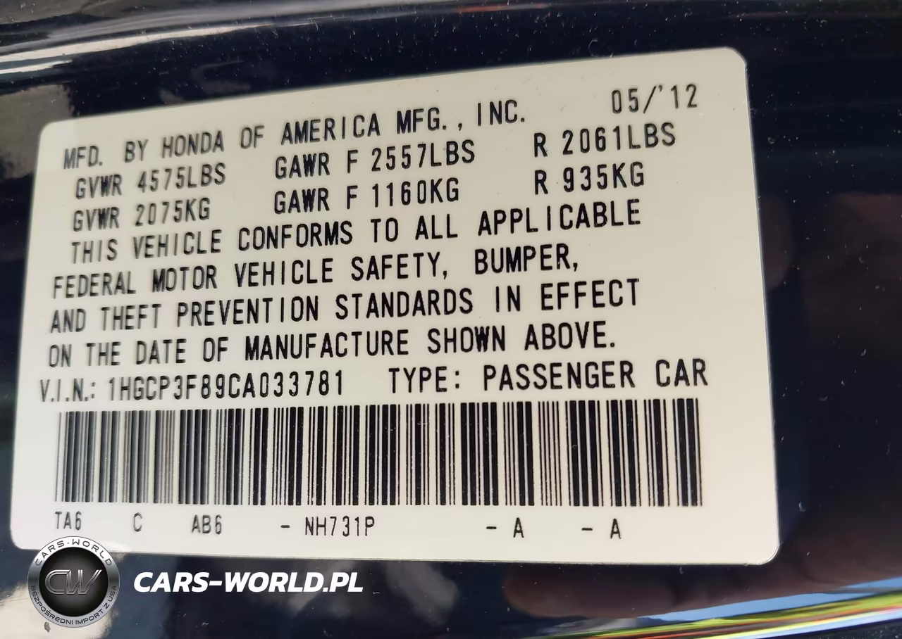 2012 Honda Accord 3.5 Ex-L VIN:1HGCP3F89CA033781 - 9