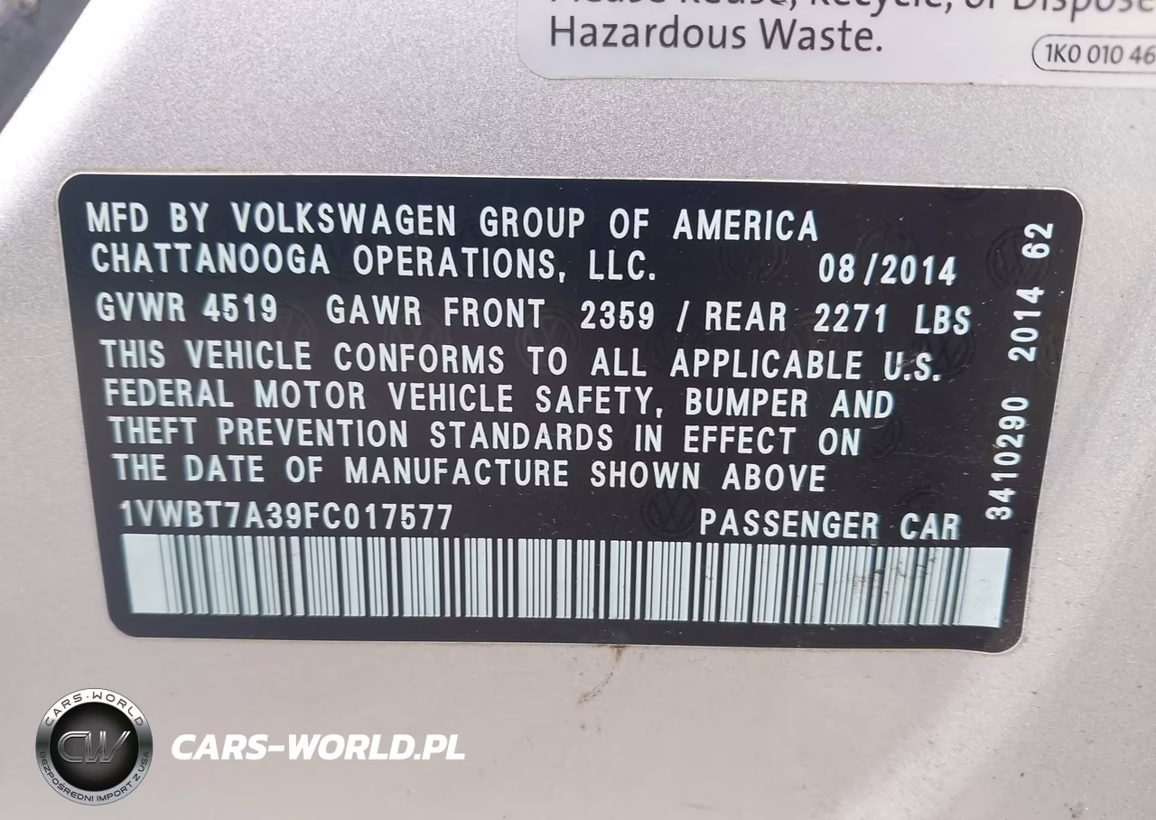 2015 Volkswagen Passat 1.8T Se VIN:1VWBT7A39FC017577 - 9