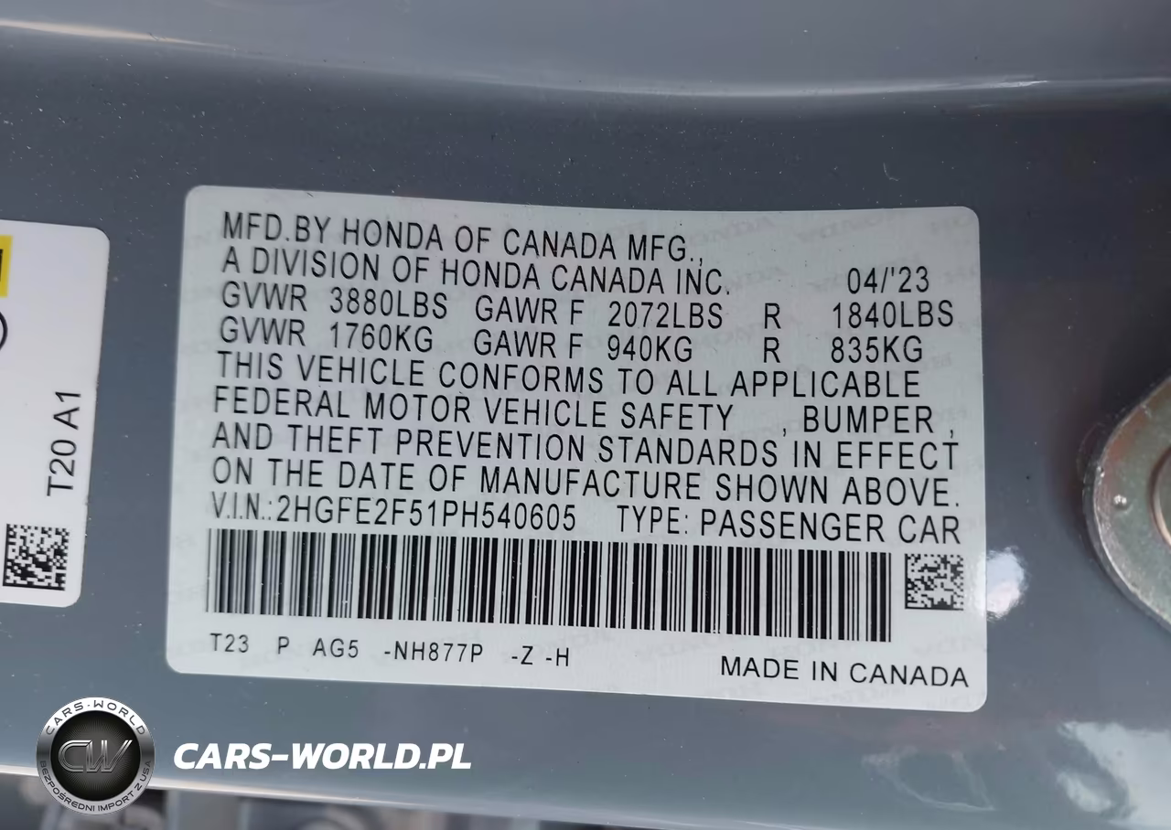 2023 Honda Civic Sport VIN:2HGFE2F51PH540605 - 9
