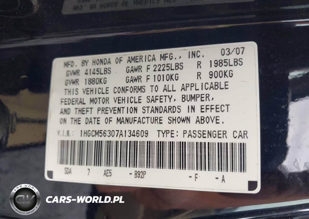 2007 Honda Accord 2.4 Se VIN:1HGCM56307A134609 - 9