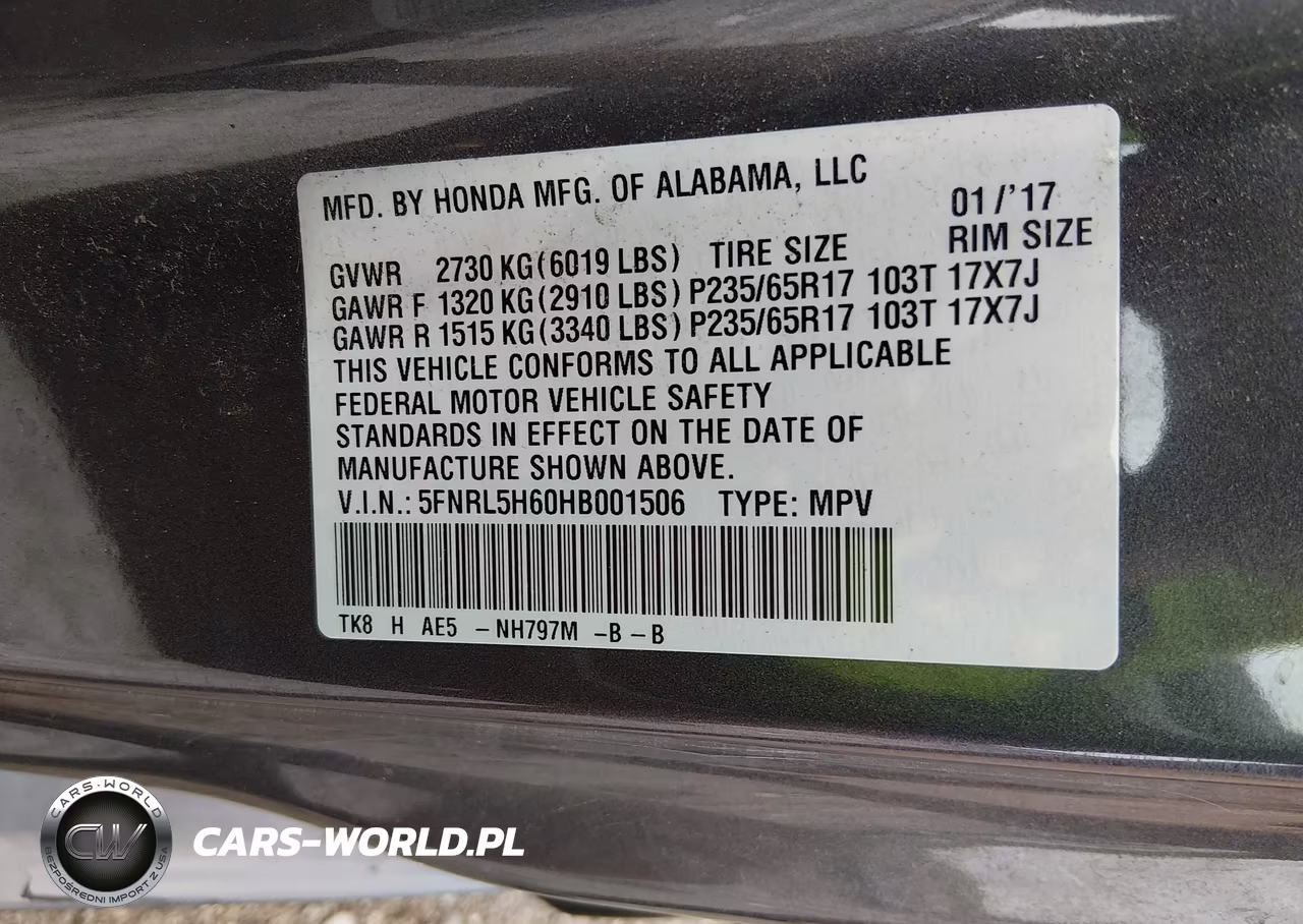 2017 Honda Odyssey Ex-L VIN:5FNRL5H60HB001506 - 9
