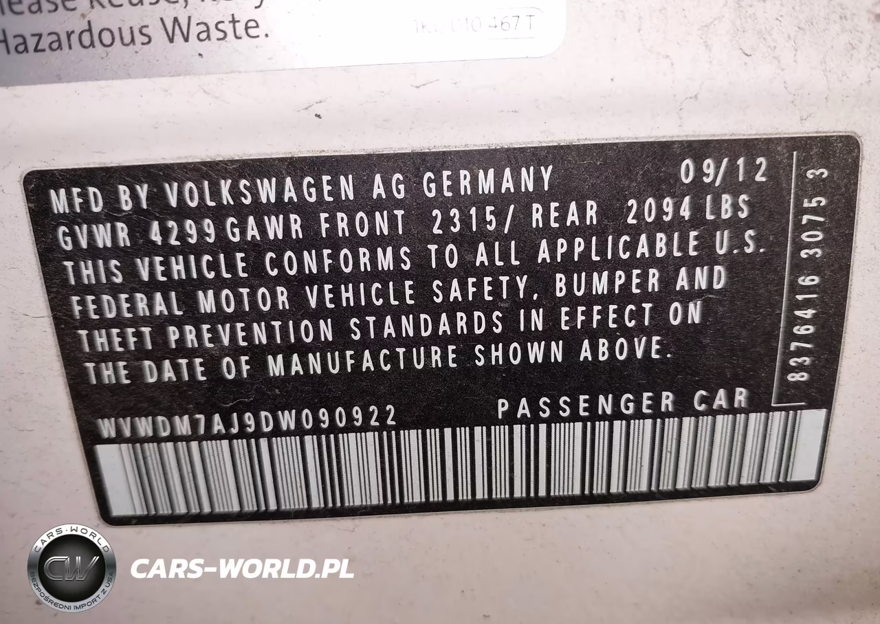 2013 Volkswagen Golf 2.0L Tdi 4-Door VIN:WVWDM7AJ9DW090922 - 9