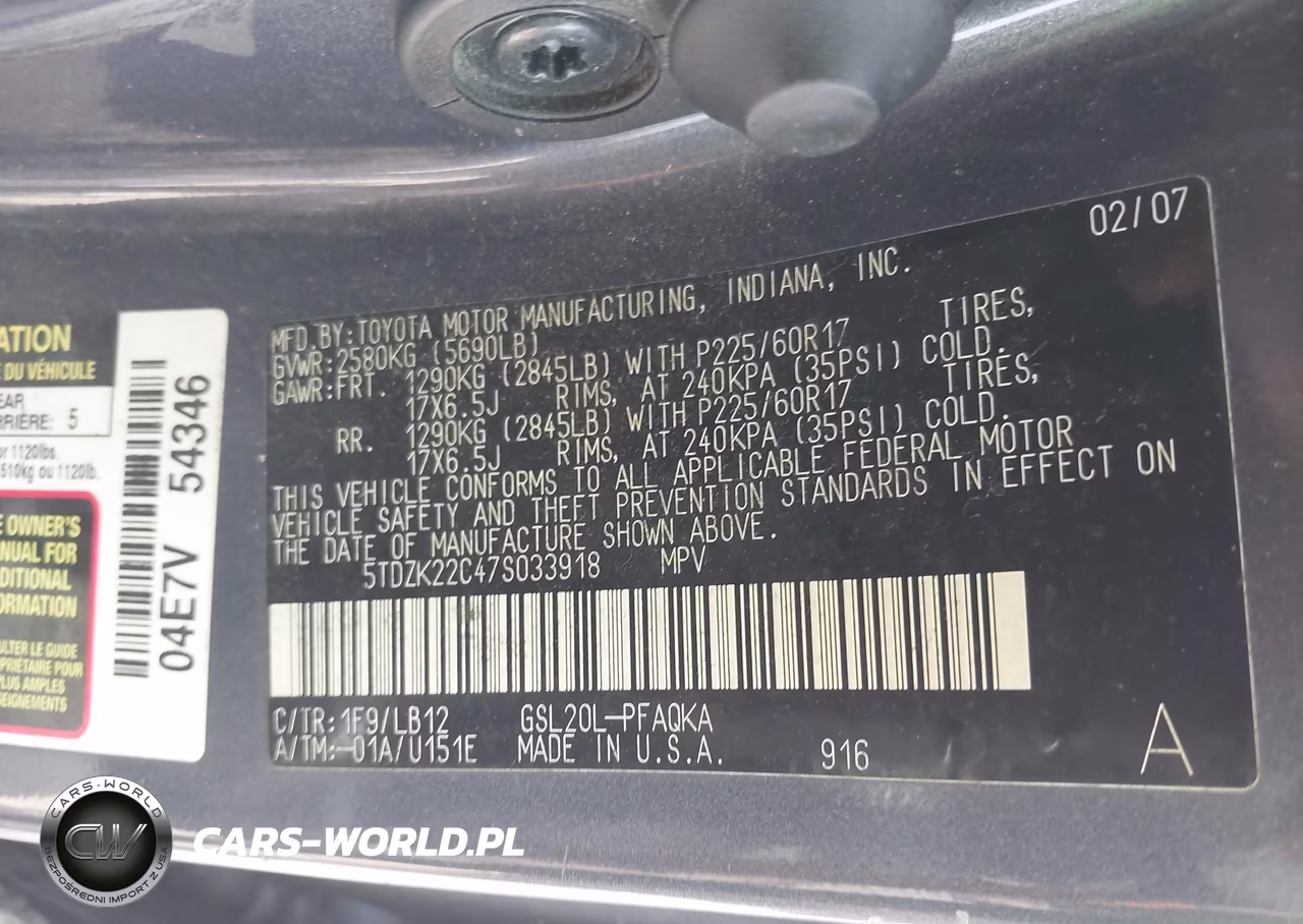 2007 Toyota Sienna Xle VIN:5TDZK22C47S033918 - 9