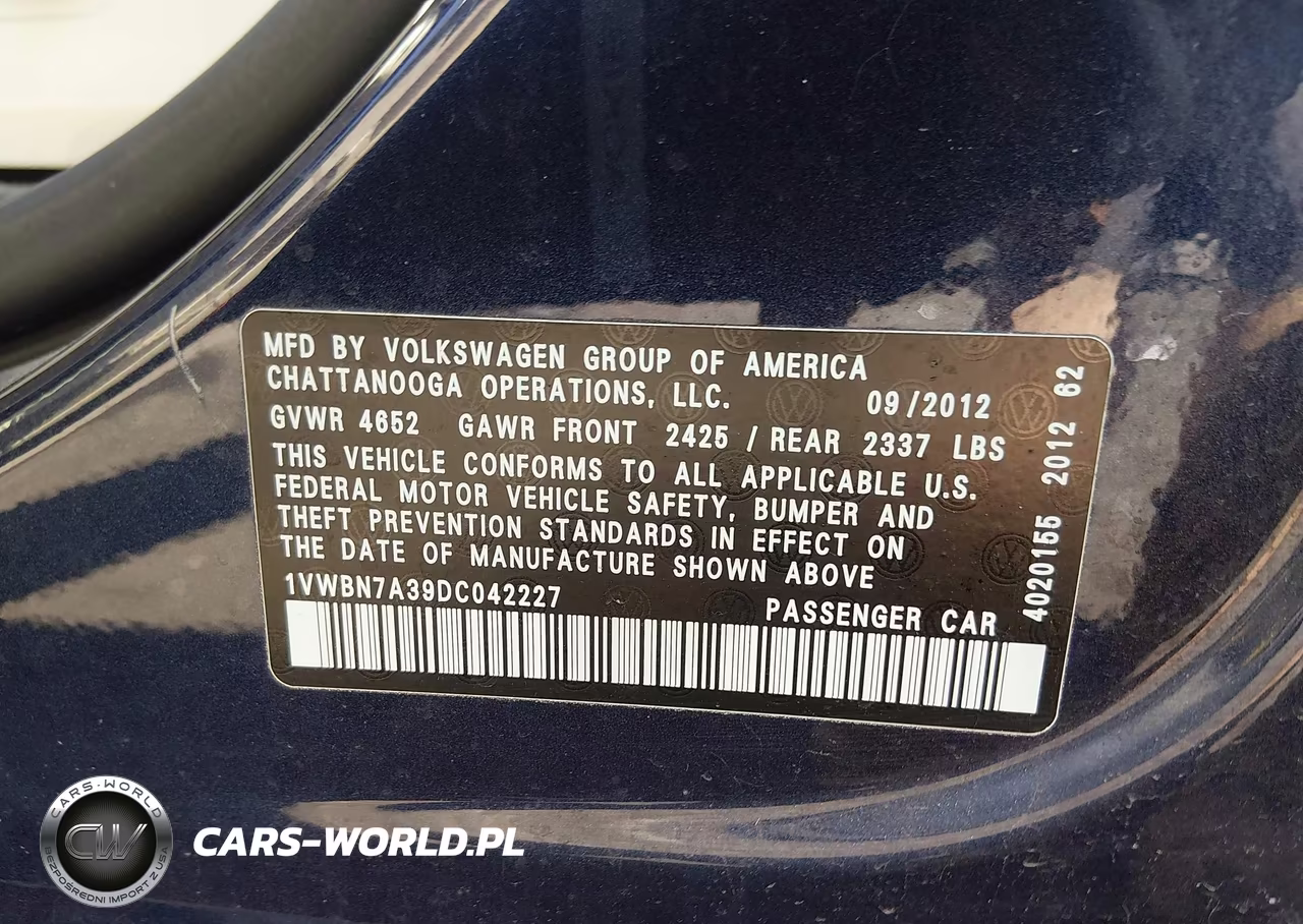 2013 Volkswagen Passat 2.0L Tdi Se VIN:1VWBN7A39DC042227 - 9