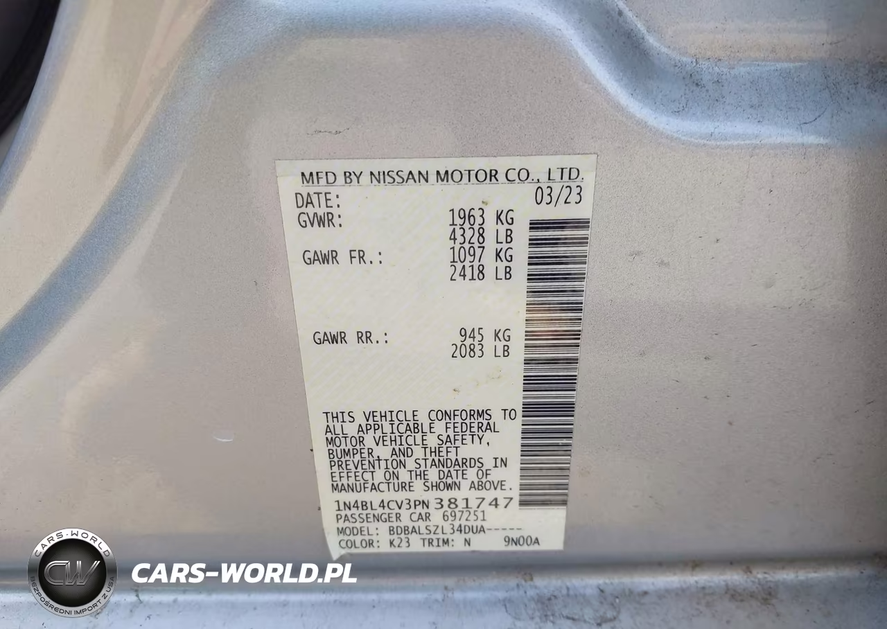 2023 Nissan Altima Sr Fwd VIN:1N4BL4CV3PN381747 - 9