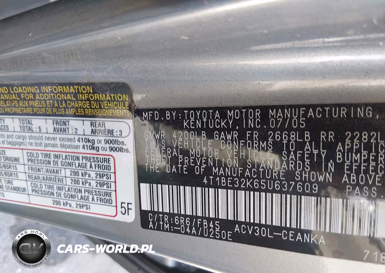 TOYOTA CAMRY VIN:4T1BE32K65U637609 - 9