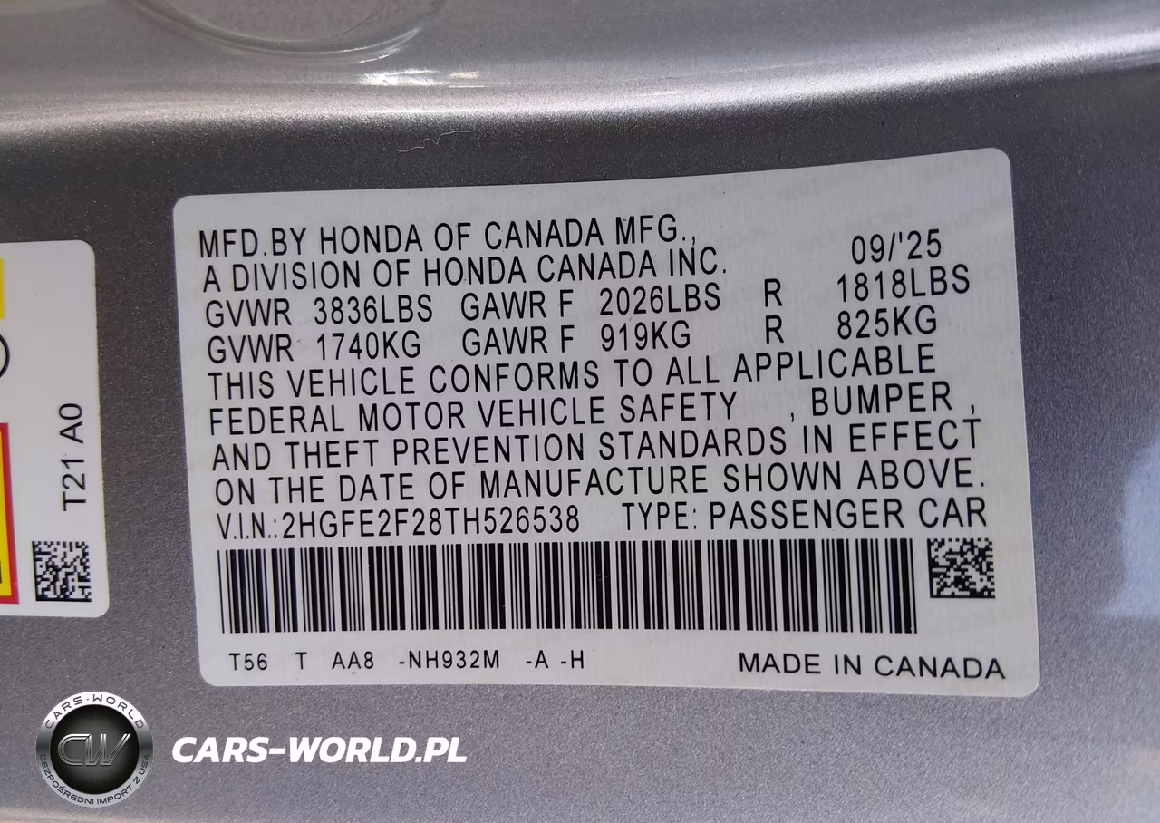 2026 Honda Civic Lx VIN:2HGFE2F28TH526538 - 9