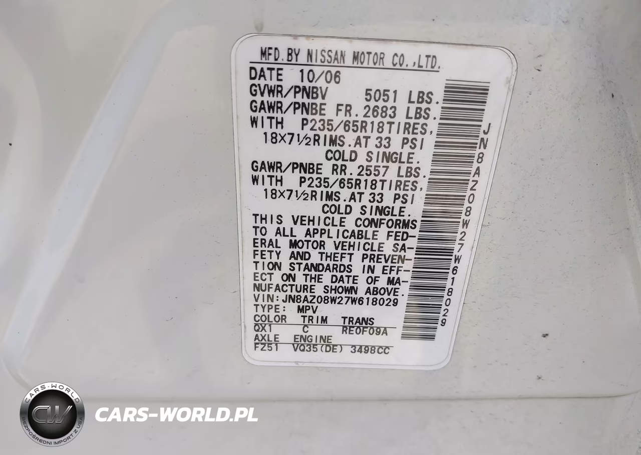 2007 Nissan Murano Sl VIN:JN8AZ08W27W618029 - 9