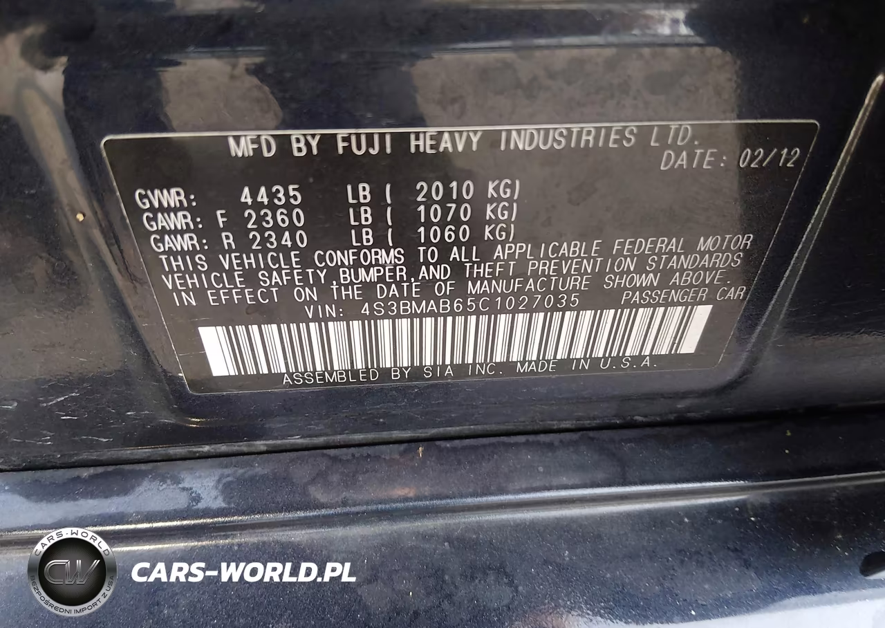 2012 Subaru Legacy 2.5I Premium VIN:4S3BMAB65C1027035 - 9