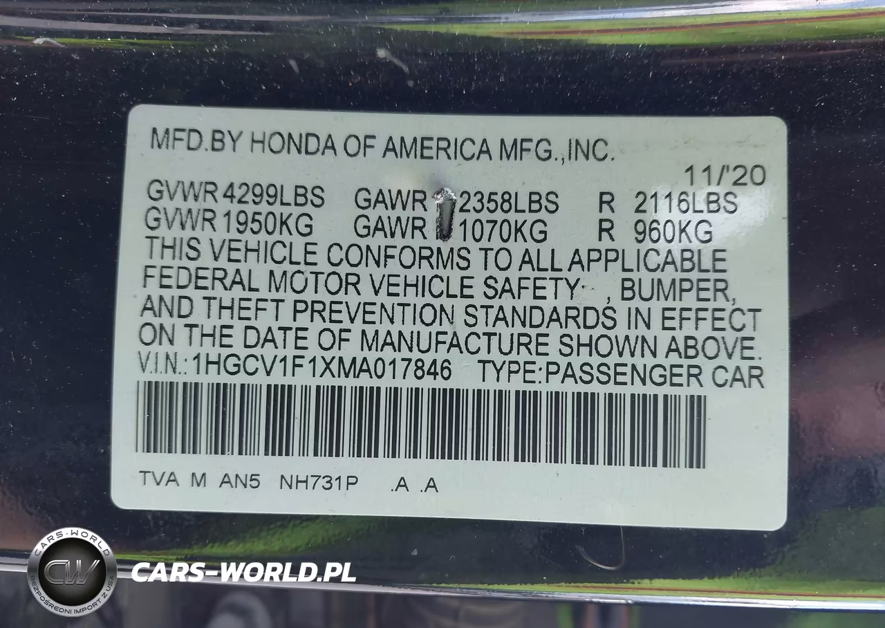 2021 Honda Accord Lx VIN:1HGCV1F1XMA017846 - 9