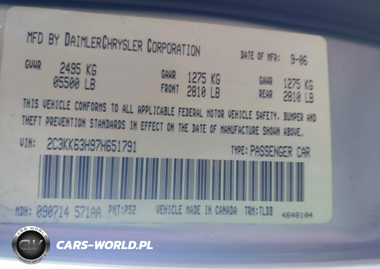 2007 Chrysler 300C VIN:2C3KK63H97H651791 - 9