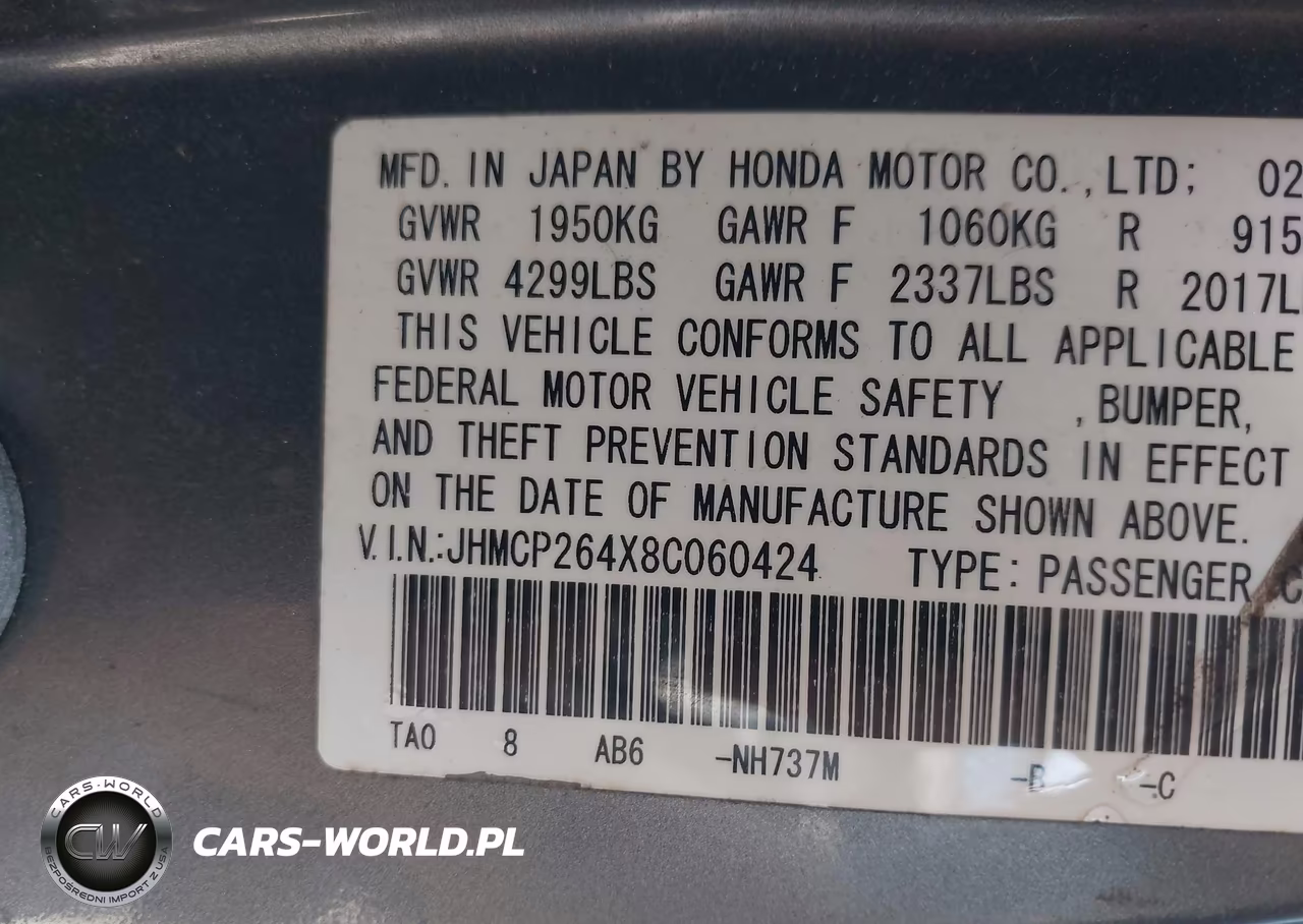 2008 Honda Accord 2.4 Lx-P VIN:JHMCP264X8C060424 - 9