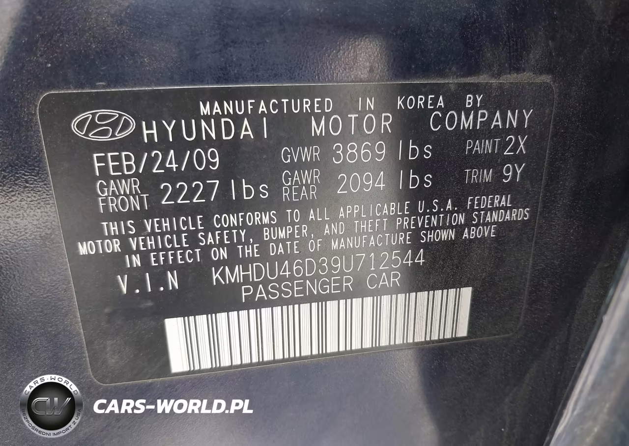 2009 Hyundai Elantra Gls VIN:KMHDU46D39U712544 - 9