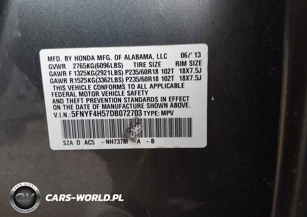 2013 Honda Pilot Ex-L VIN:5FNYF4H57DB072703 - 9