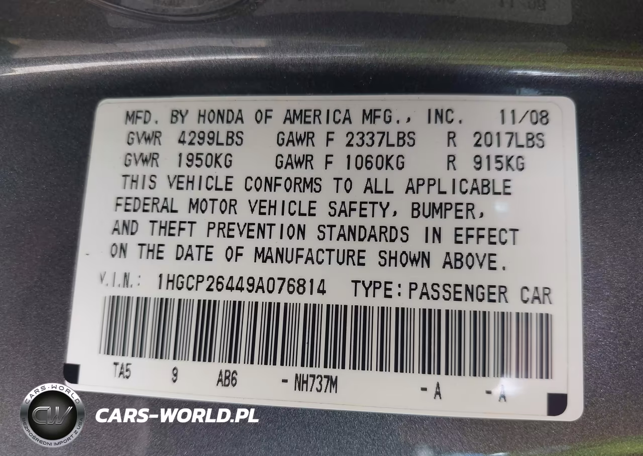 2009 Honda Accord 2.4 Lx-P VIN:1HGCP26449A076814 - 9