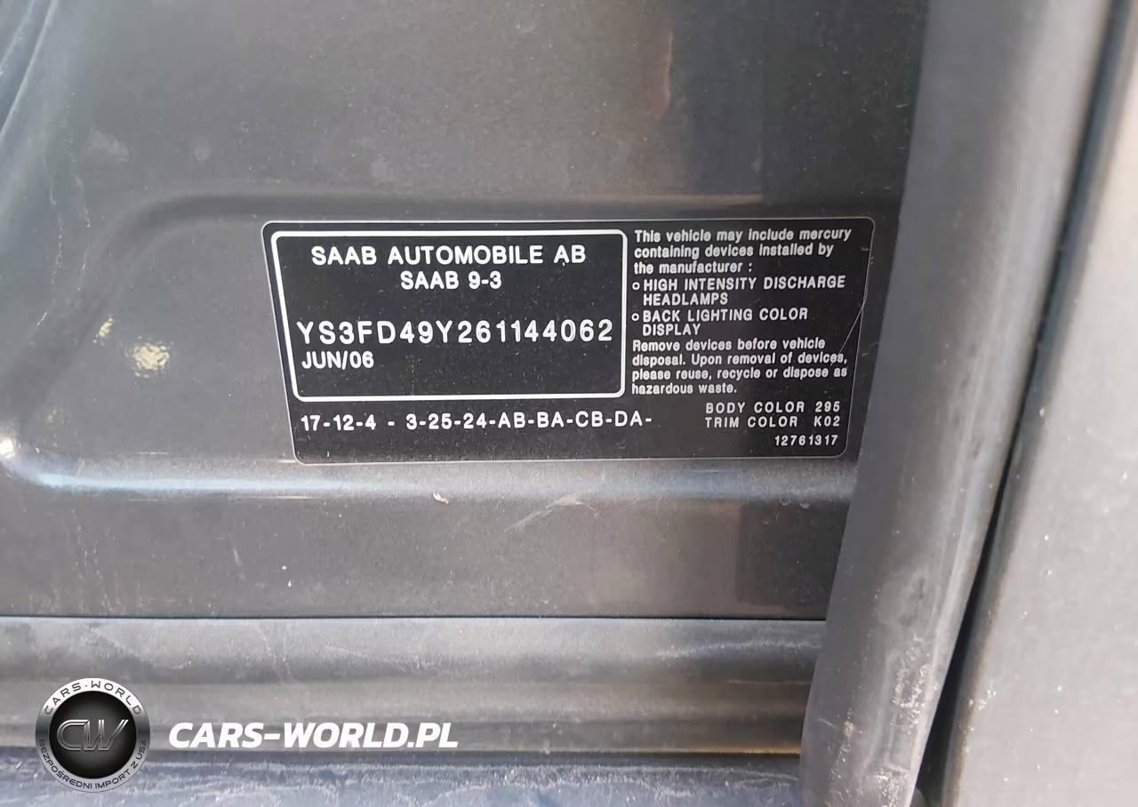 2006 Saab 9-3 2.0T VIN:YS3FD49Y261144062 - 9