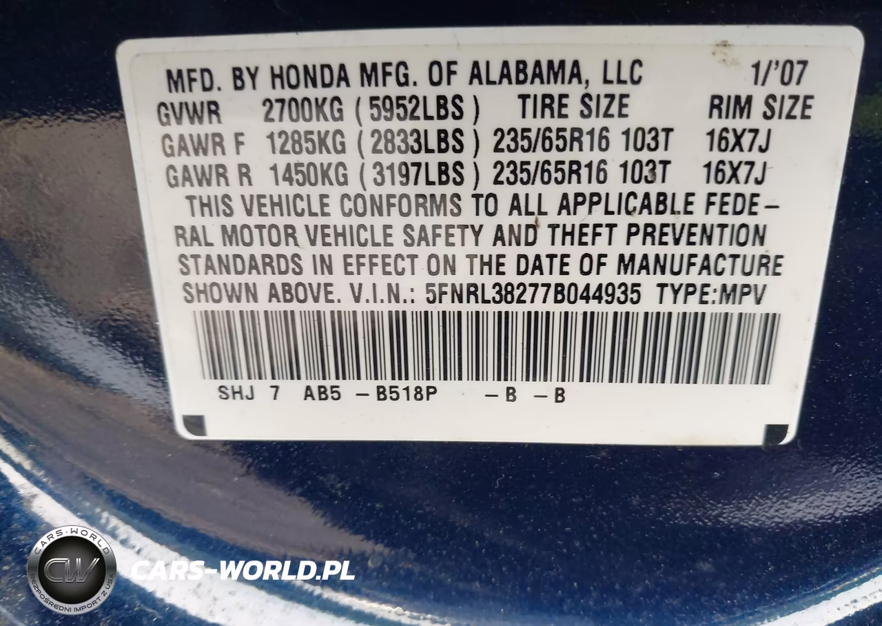 2007 Honda Odyssey Lx VIN:5FNRL38277B044935 - 9