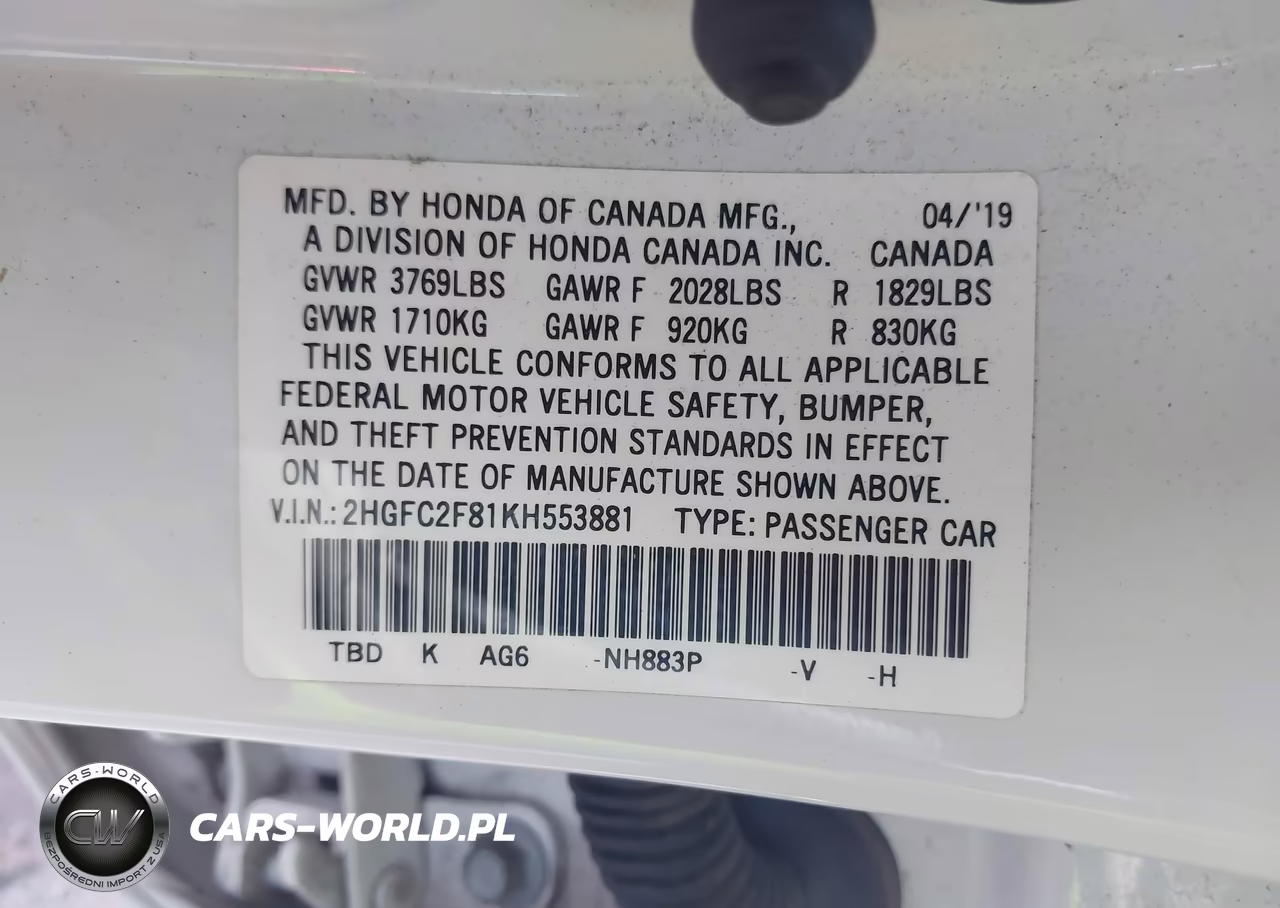 2019 Honda Civic Sport VIN:2HGFC2F81KH553881 - 9