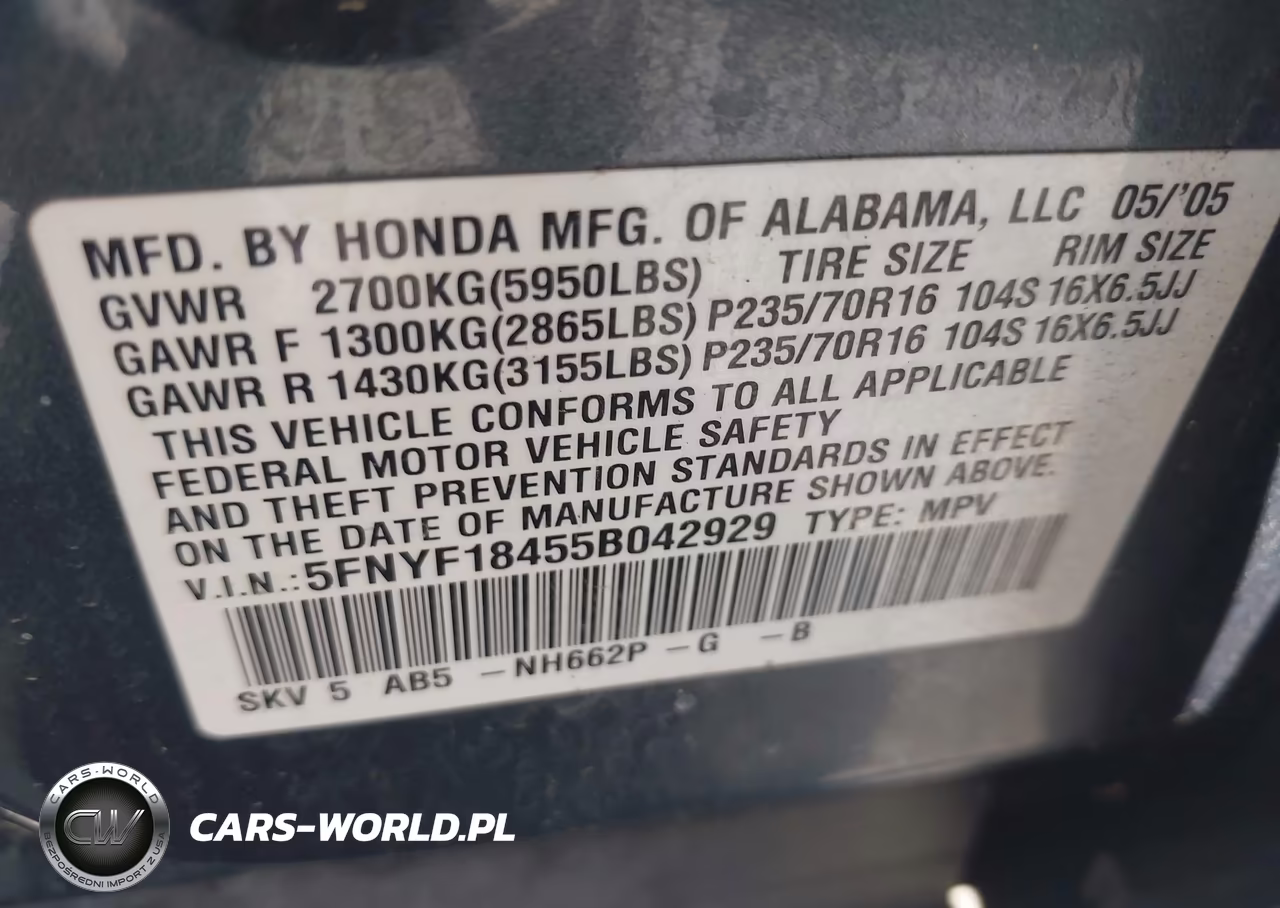 2005 Honda Pilot Ex VIN:5FNYF18455B042929 - 9
