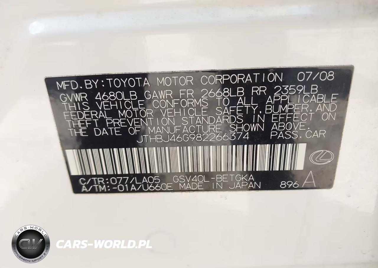 2008 Lexus Es 350 VIN:JTHBJ46G982266374 - 9