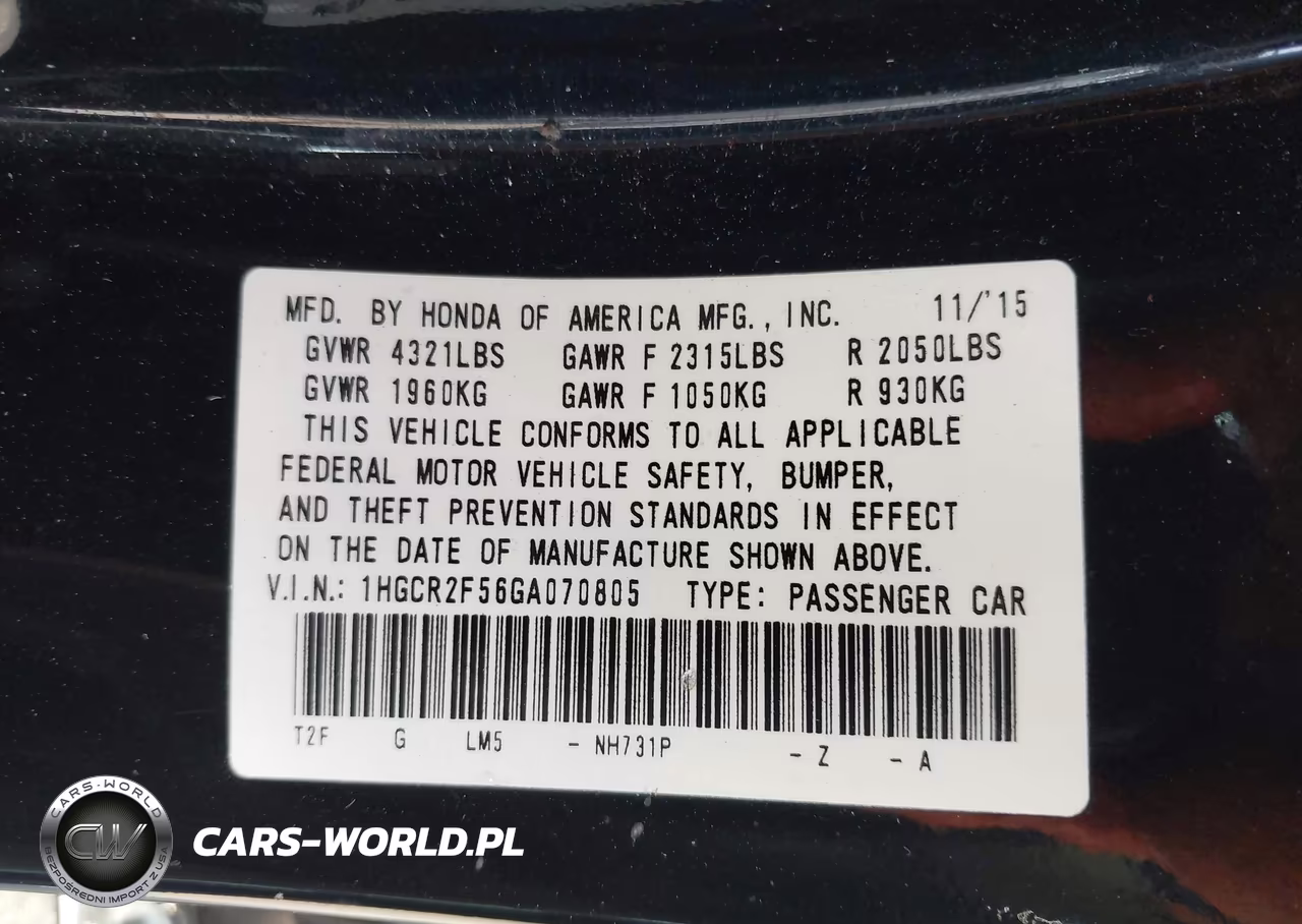 2016 Honda Accord Sport VIN:1HGCR2F56GA070805 - 9