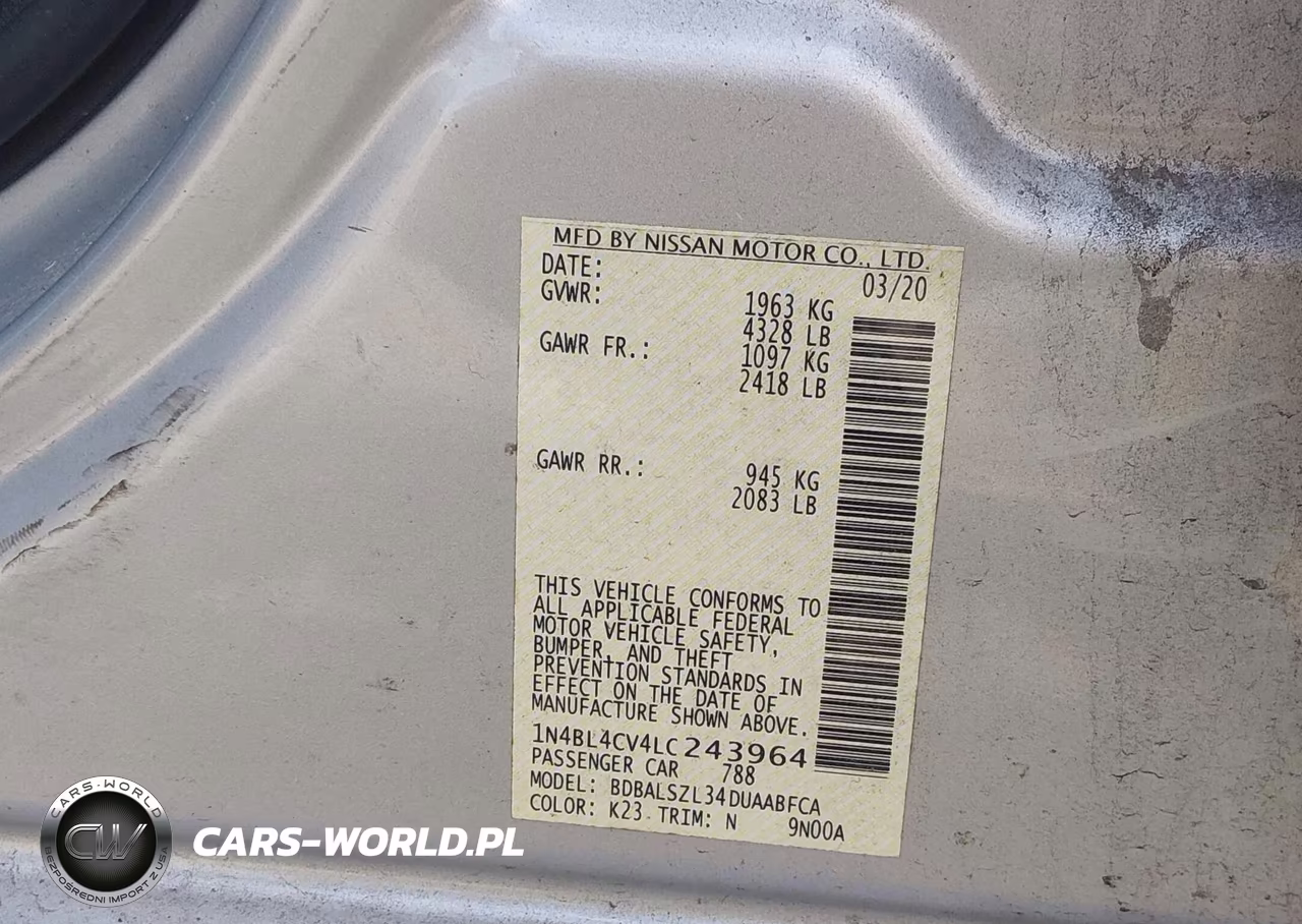2020 Nissan Altima Sr Fwd VIN:1N4BL4CV4LC243964 - 9